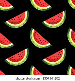 Watermelon halfs seamless pattern, ornament. Stylized, textured style. 