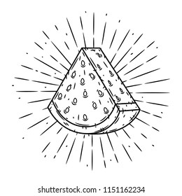 Watermelon. Hand drawn vector illustration with watermelon and divergent rays. Used for poster, banner, web, t-shirt print, bag print, badges, flyer, logo design and more. 