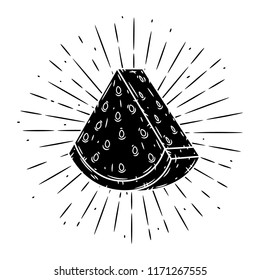 Watermelon. Hand drawn vector illustration with watermelon and divergent rays. Used for poster, banner, web, t-shirt print, bag print, badges, flyer, logo design and more. 