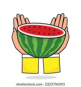 Watermelon. hand holding watermelon . Watermelon slice in hand. Watermelon ripe cartoon icon vector design illlustration wallpaper background