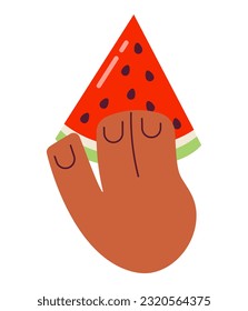 Melón de agua en mano semi-plana de la mano del vector colorido. Un refresco de verano. Se come una rebanada de melón de agua. ¡Qué bocadillo! Imágenes prediseñadas editables en blanco. Ilustración simple de dibujos animados para el diseño gráfico web