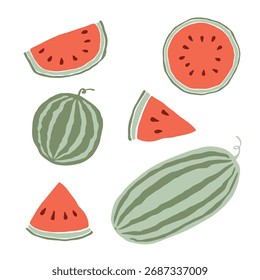 Wassermelone handgezeichnetes farbiges Set einzeln auf Weiß. Vektorgrafik.