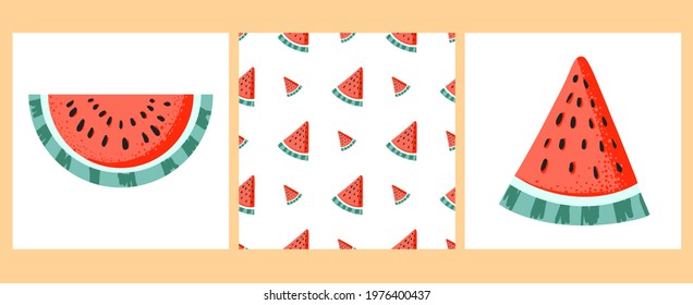 Watermelon harvest. Set of pieces of watermelon and watermelon pattern. Vector illustration for fabric, cloth, icon, card, logo, cover, invitation, emblem, label, poster, banner, print