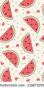 Watermelon and Heart Polka dots Pattern, Red Watermelon seamless, Watermelon cream color Background, Watermelon Wallpaper Love Cards Vector Stock Vector Illustration.