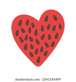 Watermelon heart shape with seeds. Hand drawn cartoon summer fruit illustration.