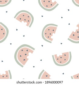 Watermelon with heart shaped bite vector seamless pattern. Cute childish Valentines Day background design