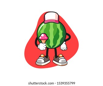 Watermelon hold ice cream cartoon. Mascot Character vector.