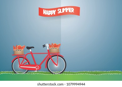 Watermelon Ice Cream in basket on red bicycle and go to the city.Summer time concept ,vector and illustration.