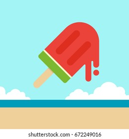 Watermelon ice cream with beach background, summer holiday concept flat design, vector illustration