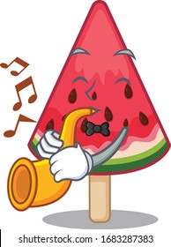 watermelon ice cream cartoon character design playing a trumpet