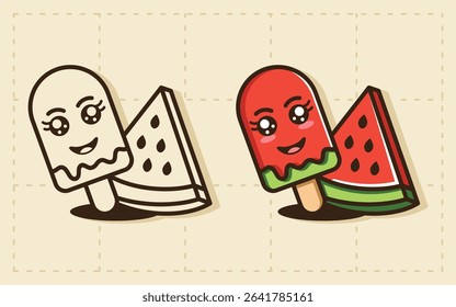 watermelon ice cream drawing clipart. suitable for coloring, sticker, etc.