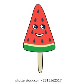 Watermelon ice cream with face, groovy style cute cartoon character, vector