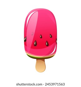 Watermelon ice cream, fruit popsicle on a wooden stick with pieces of watermelon. Summer cold dessert, frozen juice, fruit ice. Ice cream with watermelon.Vector illustration.