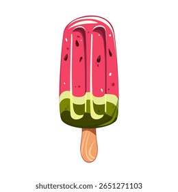Watermelon ice cream, fruit popsicle on a wooden stick with watermelon pieces. Summer cold dessert, frozen juice, fruit ice. Ice cream with watermelon. Vector illustration.