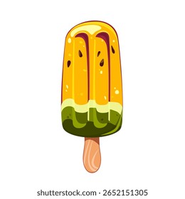 Sorvete de melancia, picolé de fruta em um bastão de madeira feito de melancia amarela. Sobremesa fria de verão, suco congelado, gelo de frutas. Sorvete com melancia. Ilustração vetorial.