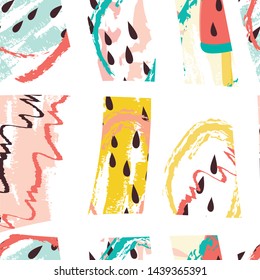 Watermelon ice cream hand drawn cartoon doodle style summer seamless triangles pattern. Stock vector