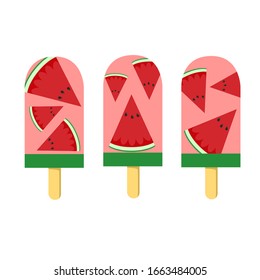 Watermelon ice cream has a watermelon slice inside. Design in three styles, vector illustration, on a white background.