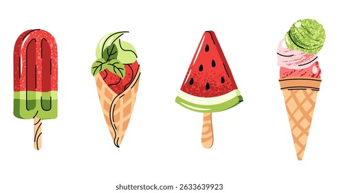 Watermelon Ice Cream Illustration Set on Stick or in Waffle Cone Flat Design on White Background. Minimalist Collection for Stickers, Logos, Summer Graphics, Food Packaging and Digital Art Projects