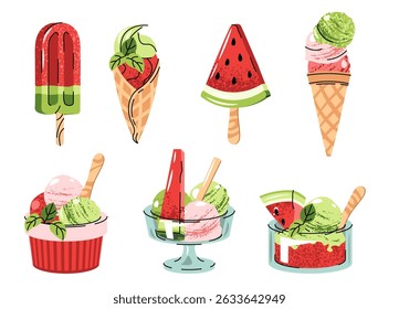 Conjunto de Ilustração de Sorvete de Melancia com Picolé, Waffle Cone e Sorbet em Bowl Flat Design em Fundo Branco. Perfeito para logotipos de alimentos, adesivos, design de embalagem, marca de café, etiquetas de menu
