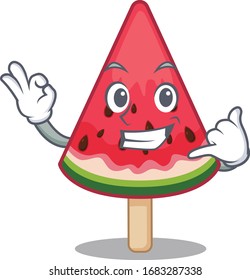 Watermelon ice cream mascot cartoon design showing Call me gesture