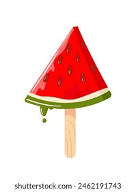 El helado de sandía se derrite y gotea. Zumo de fruta, hielo, paleta. Postre congelado. Hora de verano. Ilustración de dibujos animados de Vector dibujado a mano. Día Mundial de la Sandía Para pegatinas, carteles, postales, diseño