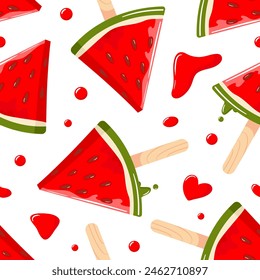 El helado de sandía se derrite y gotea. Zumo de fruta, hielo, paleta. Postre congelado. Hora de verano. Ilustración de dibujos animados de Vector dibujado a mano. Patrón sin costura para el Fondo de pantalla, tela, envoltura, fondo