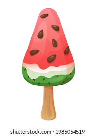 Helado de sandía sobre un palo aislado sobre fondo blanco. Ilustración vectorial plana.