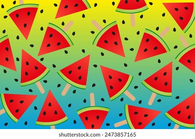 Watermelon ice cream on a stick. Frozen watermelon. Fruit ice cream with watermelon slices.