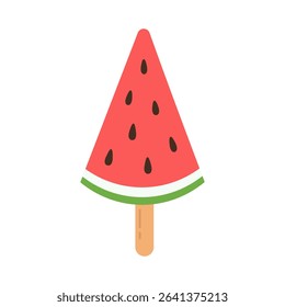 Watermelon ice cream on stick. Summer watermelon popsicle. Frozen dessert, sweet food or fruit theme. Vector illustration isolated on white background.