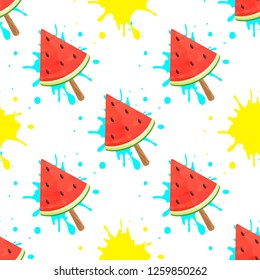 Watermelon ice cream on white background with paint spots. Seamless vector pattern