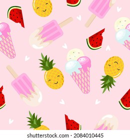 Watermelon and ice cream and Pineapple fruit seamless pattern background,Vector illustration for textile print, wallpaper, fashion design