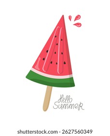 Watermelon ice cream. Ice cream poster, handwritten font. Hello summer, phrase, slogan. Frozen juice, fruit ice. Illustration for poster design, banner, menu, bar, cafe, recipes, restaurant.