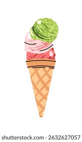 Watermelon Ice Cream Scoops in Waffle Cone. Flat Design Sorbet on White Background. Refreshing Summer Dessert, Sweet Treat. Perfect for Logos, Stickers, Packaging, Food Branding, Labels