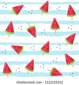 Watermelon  ice cream seamless pattern on blue stripes background