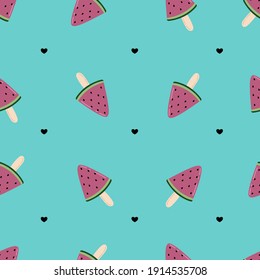 Watermelon Ice Cream Seamless Pattern. Cute Tropical Wallpaper And Fabric Print. Doodle Vector Illustration.