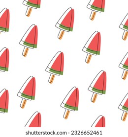 Watermelon ice cream seamless pattern in line art style.Vector illustration cartoon flat style