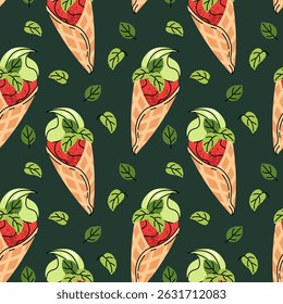 Watermelon ice cream seamless pattern. Flat waffle cone with sorbet and mint leaves. Summer textiles, dessert packaging, cafe decor, party supplies. Vector illustration
