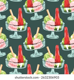 Melancia Sorvete Padrão Sem Costura em Tigela de Vidro com Frutas em Design Plano. Perfeito para o verão impressões têxteis papel de parede Decor festa e alimentos gráficos