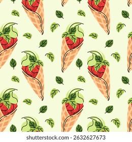 Watermelon ice cream seamless pattern. Flat waffle cone with sorbet and mint leaves. Summer textiles, dessert packaging, cafe decor, party supplies. Vector illustration