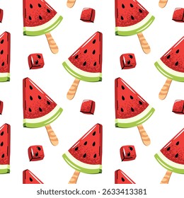 Watermelon ice cream seamless pattern. Flat popsicle on stick with fresh slices. Summer textiles, kids wallpaper, party decor, frozen treat packaging. Vector illustration