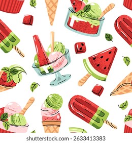 Watermelon Ice Cream Seamless Pattern in Flat Design. Background with sorbet with Mint Leaves and Watermelon Slices. Ideal for Food Graphics, Summer Textiles, Wallpapers, Lifestyle Branding and More
