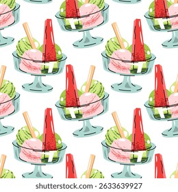 Watermelon Ice Cream Seamless Pattern in Glass Bowl with Fruit Pieces in Flat Design. Perfect for Summer Textile Prints Wallpaper Party Decor and Food Graphics