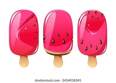 Watermelon ice cream set, fruit popsicle on a wooden stick with pieces of watermelon. Watermelon ice cream. Summer cold dessert, frozen juice, fruit ice. Vector illustration.