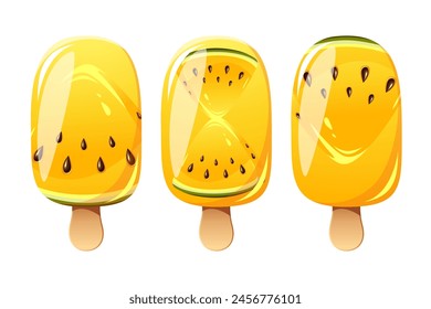 Watermelon ice cream set, fruit popsicle on a wooden stick with pieces of yellow watermelon. Watermelon ice cream. Summer cold dessert, frozen juice, fruit ice. Vector illustration.