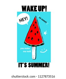watermelon ice cream in the shape of triangle, simple retro style trendy art for summer t-shirts, sweatshirts, hoodies, wall art, posters, boy and girl clothes, jackets, street wear, stickers, fabric
