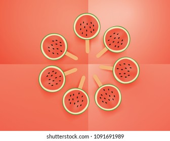 Watermelon ice cream slice popsicles  on  red background,vector and illustration.