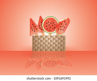 Watermelon ice cream slice popsicles in wooden basket on red background.Summertime concept,vector and illustration.