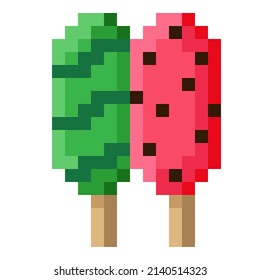 Watermelon Ice Cream Stick pixel art. Vector illustration.
