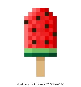 Watermelon Ice Cream Stick pixel art. Vector illustration.