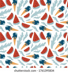 sandía y helado. Ilustraciones vectoriales de verano. Fondo de patrón impecable. dibujos a mano dibujos animados estilo escandinavo de diseño nórdico para moda o interior o cubierta o textil.